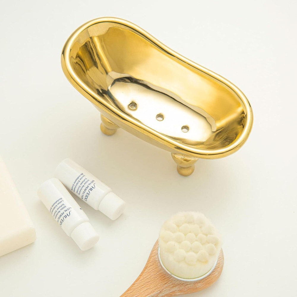 5.6" Ceramic Mini Bathtub Soap Dish Decortative Clawfoot Bathroom Golden