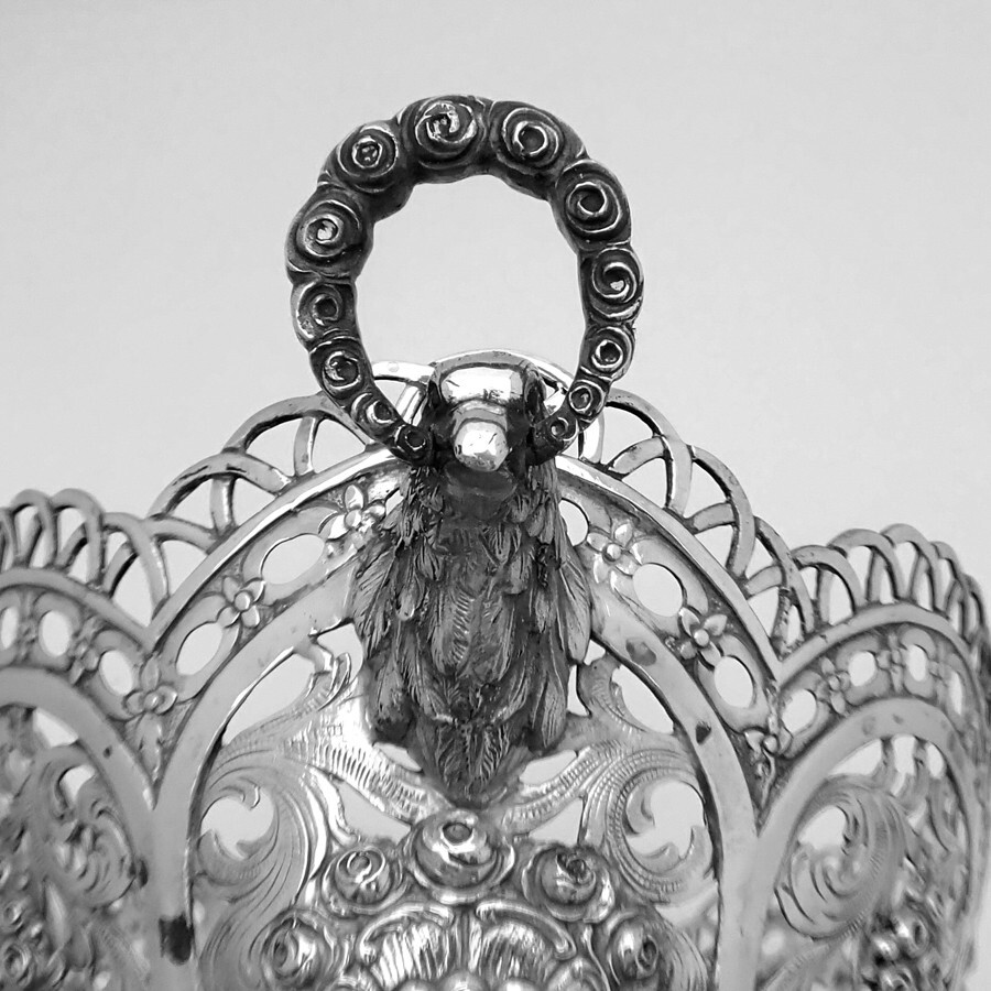 Ornate Footed Basket Open Work Designs Figural Handles 800 Silver