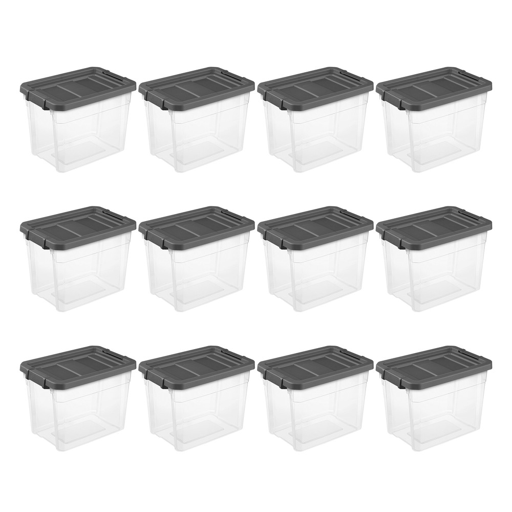 Sterilite 30 Qt Clear Plastic Stackable Storage Bin w/ Grey Latch Lid, 12 Pack