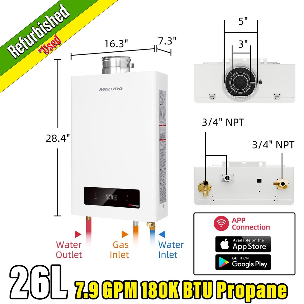 【90% NEW 】26L 7.9 GPM Tankless Water Heater Propane 180K BTU Dual-Wall Direct