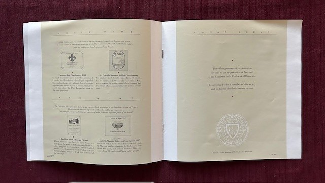 United Connoisseur Class Menu and Wine 1992