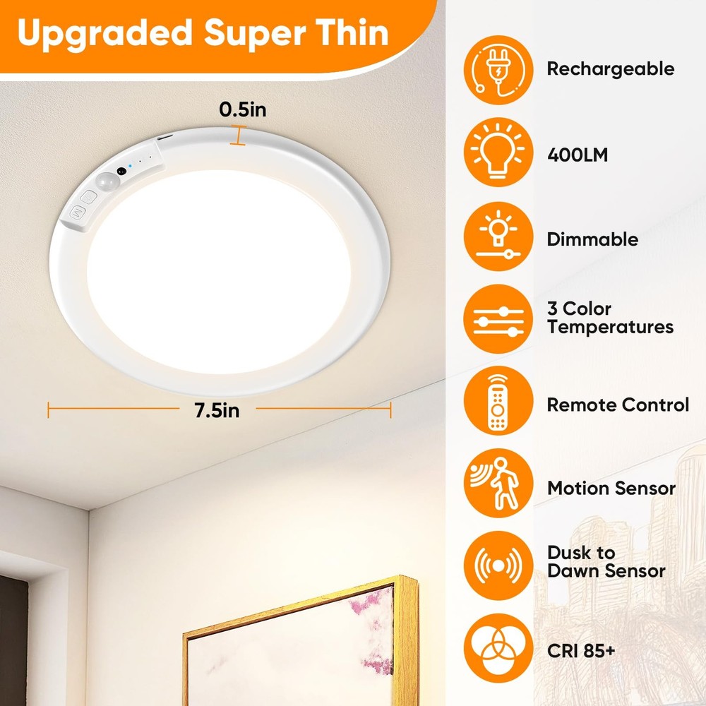 Rechargeable Motion Sensor Ceiling Light with 1 Pack-6000mAh, 3CCT-7“-White