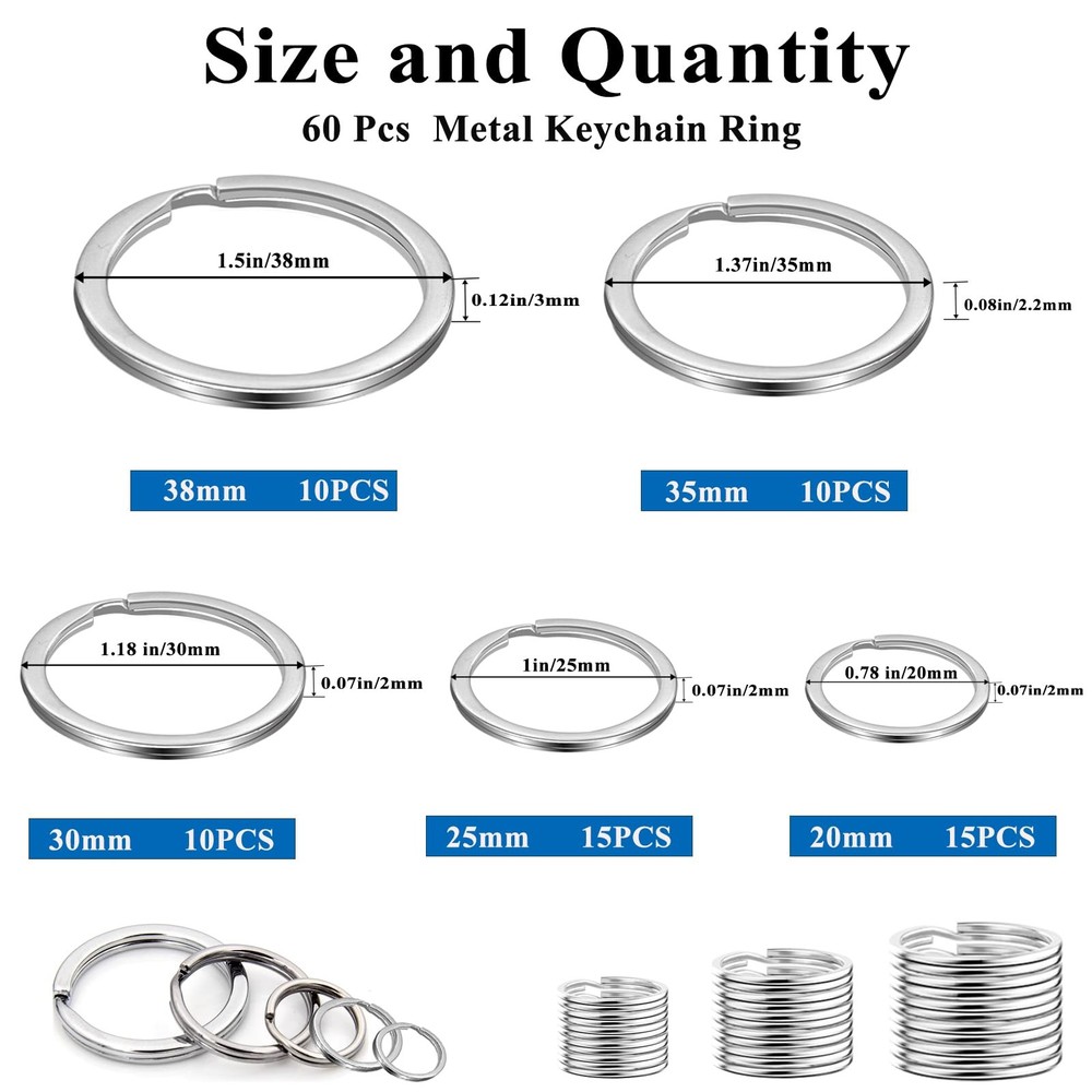 Sunxeke 60 Pcs Metal Key Chain Rings Kit, O Ring Multi-Purpose Flat Silver