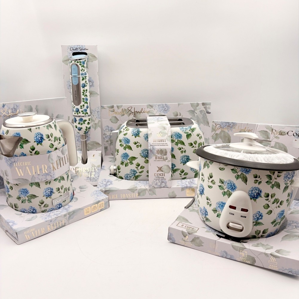 Dwell Studio Blue Hydrangea 4pc Kitchen Appliance Set Kettle Toaster Rice Cooker