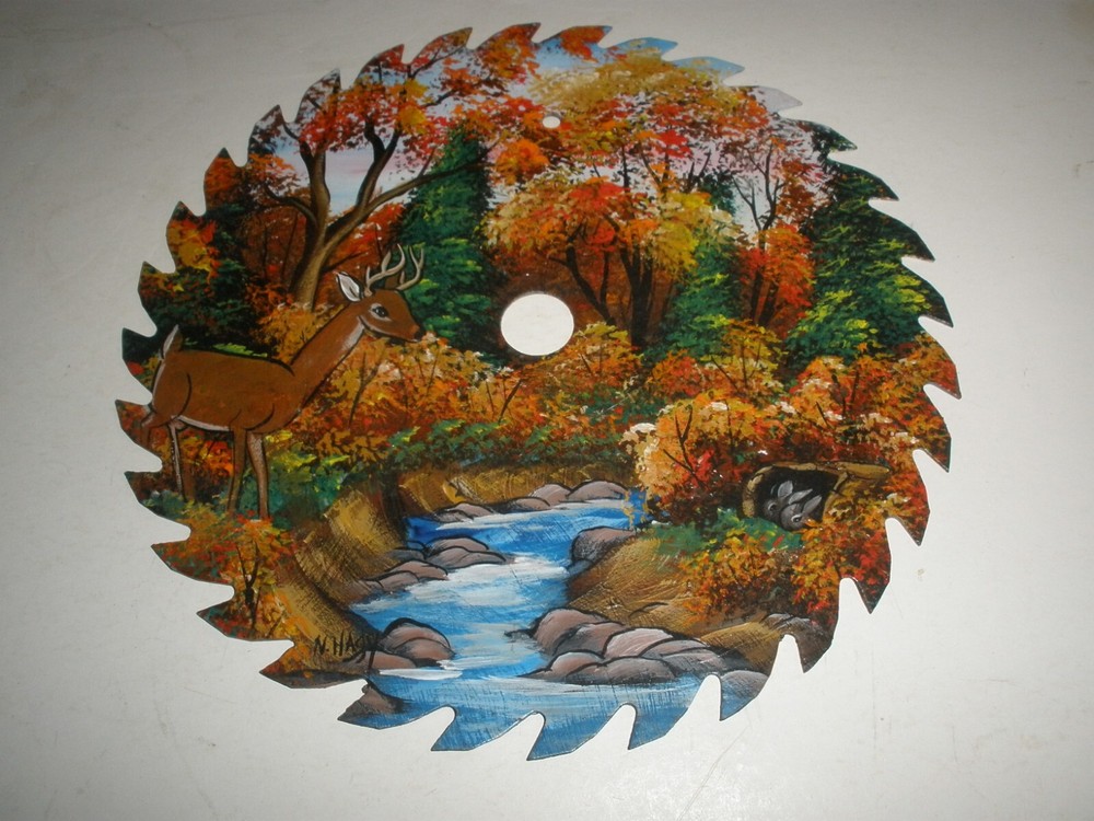 Hand Painted 7" Saw Blade Deer at Stream in the Fall NICE