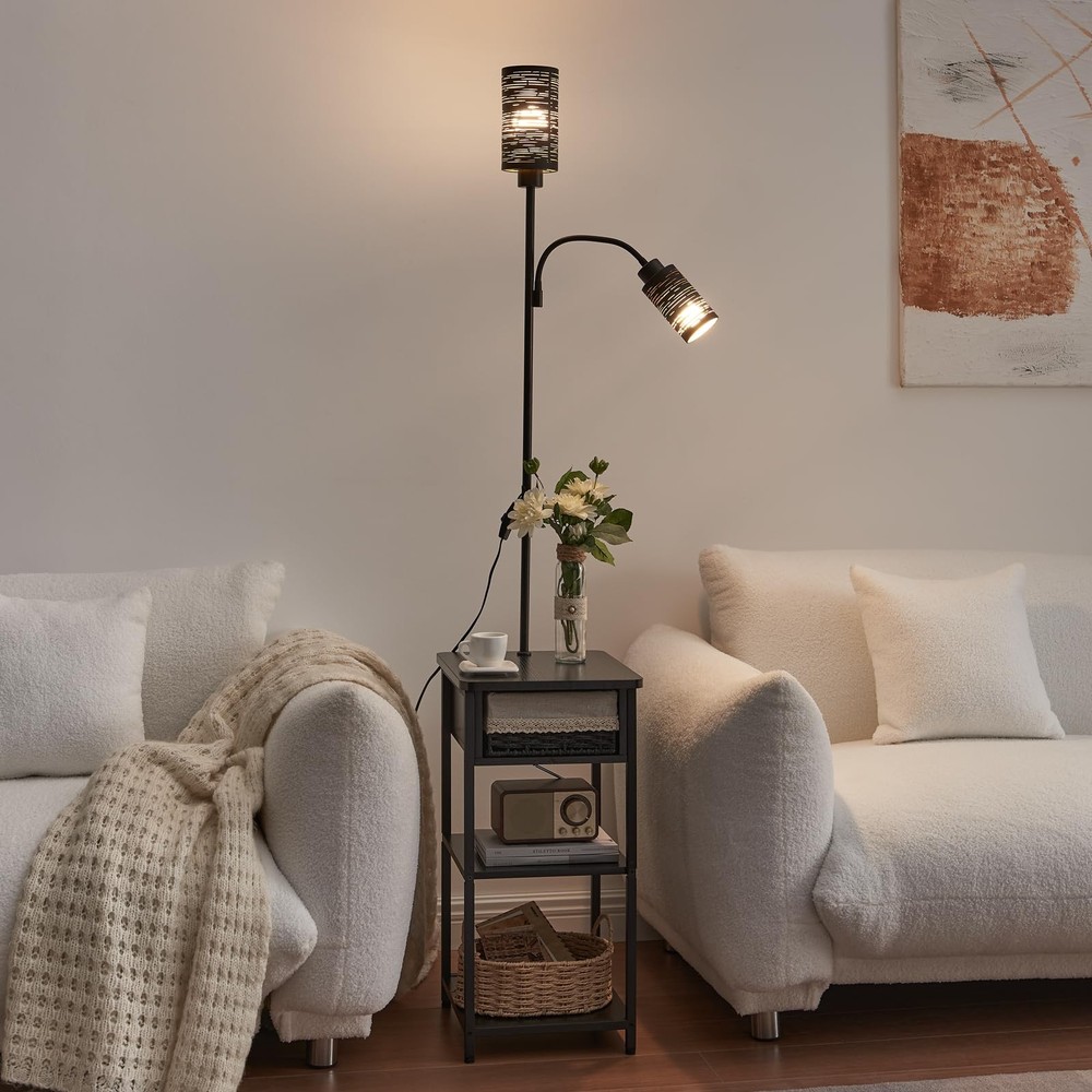 Floor Lamp with End Table, 2 Bulbs Included, Adjustable Brightness - Compact