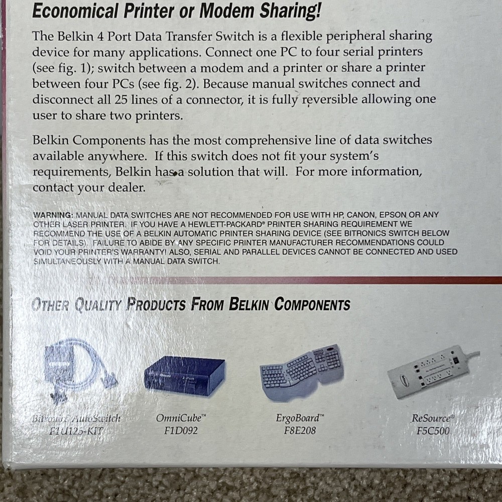 Belkin 4-Port Data Transfer data Switch Model F1B028E UNTESTED IN Original BOX