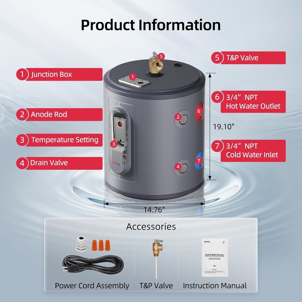 MIZUDO Electric Instant Hot Water Heater, 6 Gallon Storage Tank for Home/RV Use
