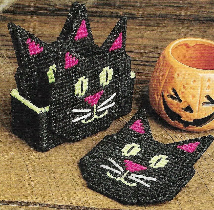 BLACK CAT COASTERS & HOLDER HALLOWEEN PLASTIC CANVAS PATTERN INSTRUCTIONS