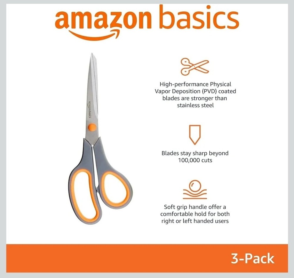 Amazon Basics Stainless Steel Scissors for Office, Crafts, 3-Pack, Multicolor