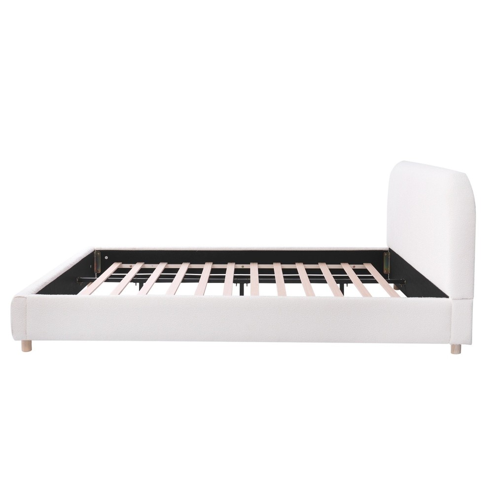 White Queen/King Size Upholstered Platform Bed with Headboard & Solid Wood Legs