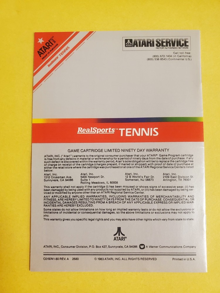Atari 2600 Manual Tennis