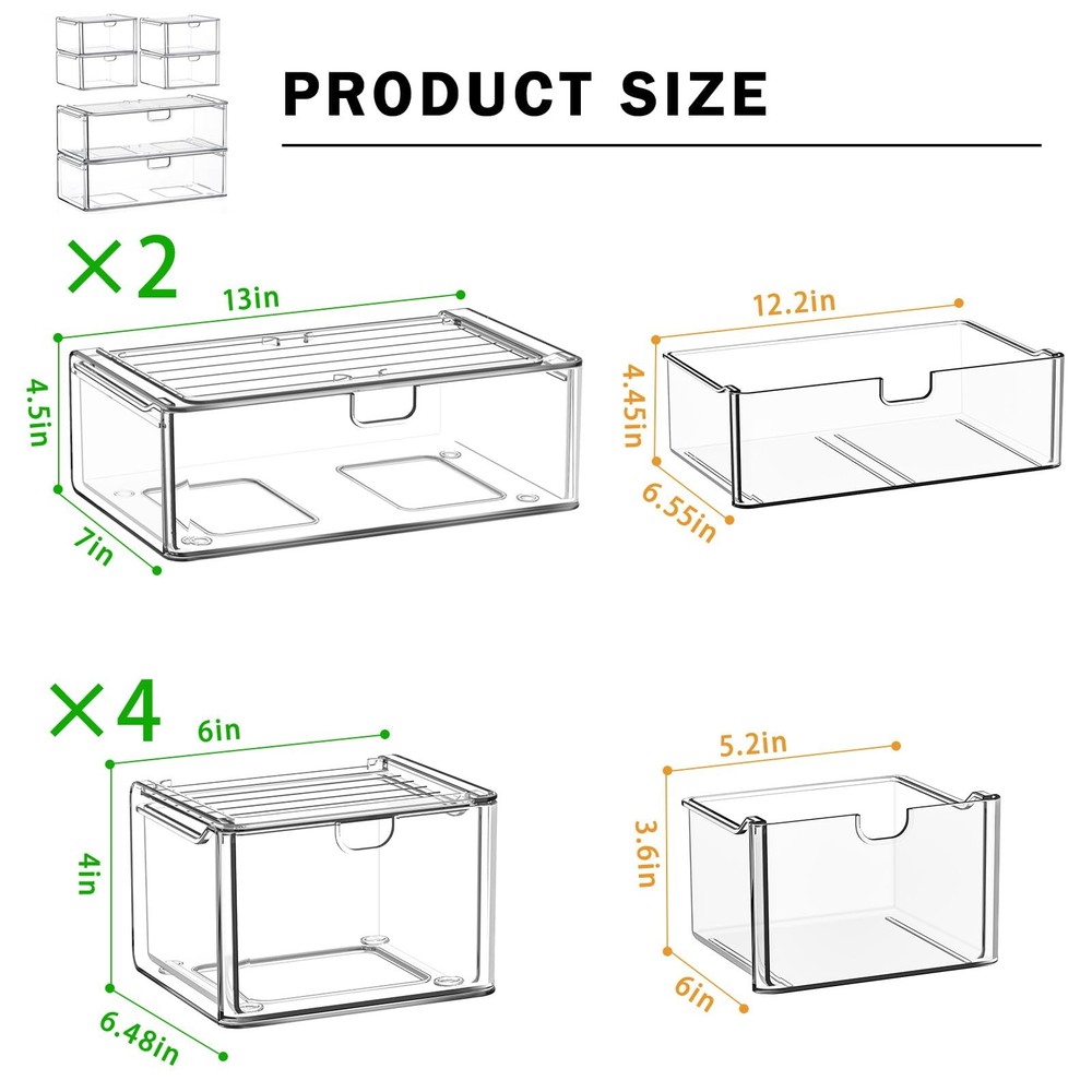 caktraie 6-PC Clear Acrylic Stackable Storage Drawers Makeup Organizer