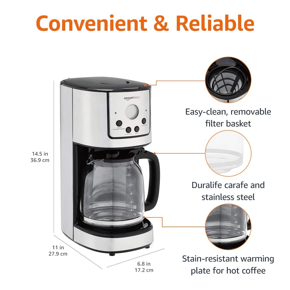 Amazon Basics Programmable Coffeemaker with Carafe and Reusable Filter, Stainles