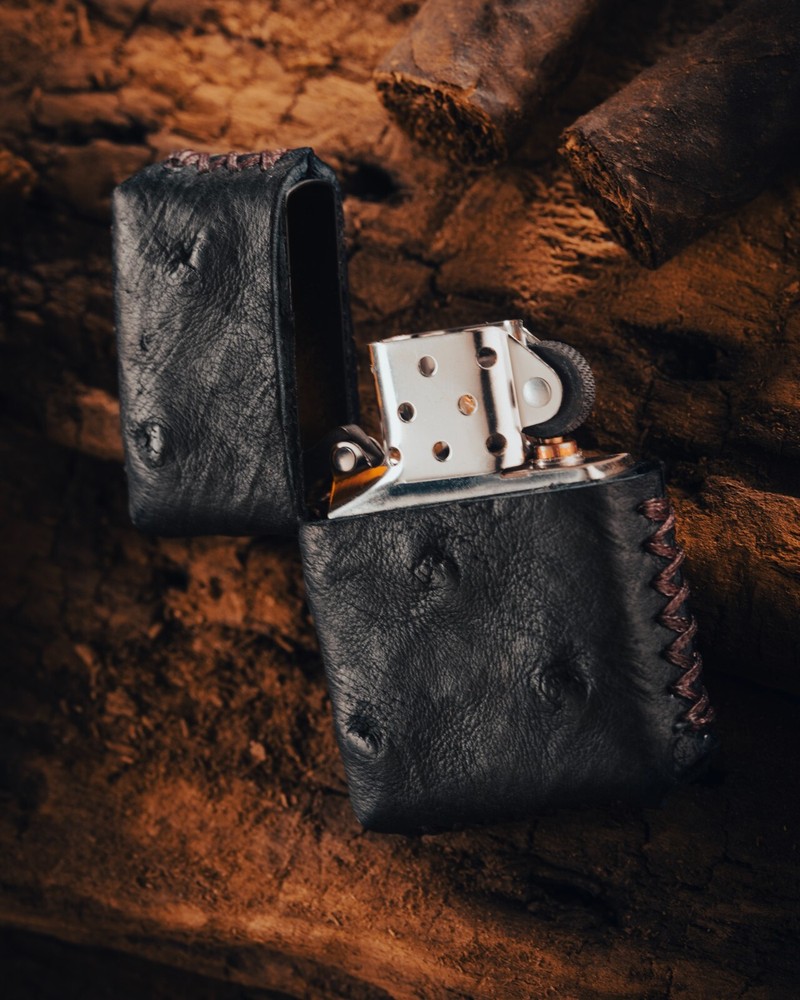 Custom wrapped Zippo lighter in black Ostrich hide.