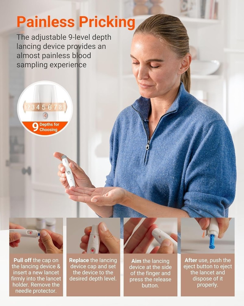 Glucose Meter Kit: 100 Strips, 100 Lancets, No Coding, 5s Results, 500 Memory