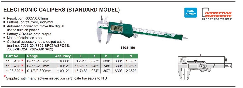 INSIZE 1108-200 - 0 - 8" Electronic Calipers w SPC w Certification