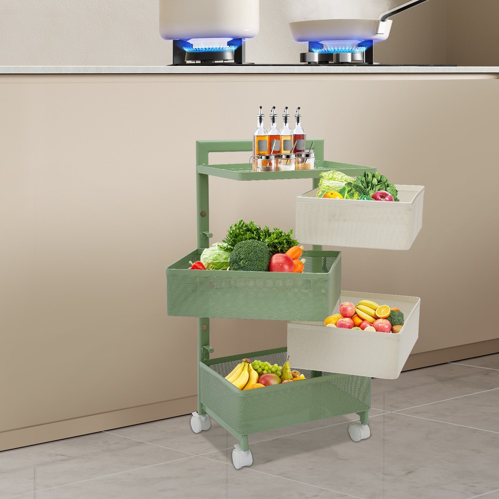 Rotating Storage Rack with Wheels, 4 Baskets, Green Modern Design