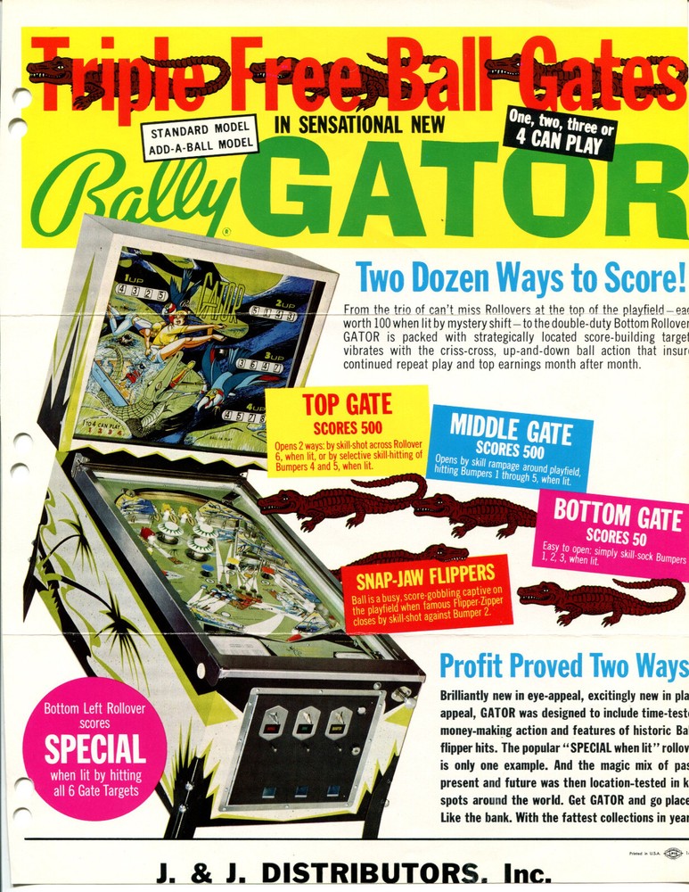 Gator Bally Pinball Flyer / Brochure / Ad /