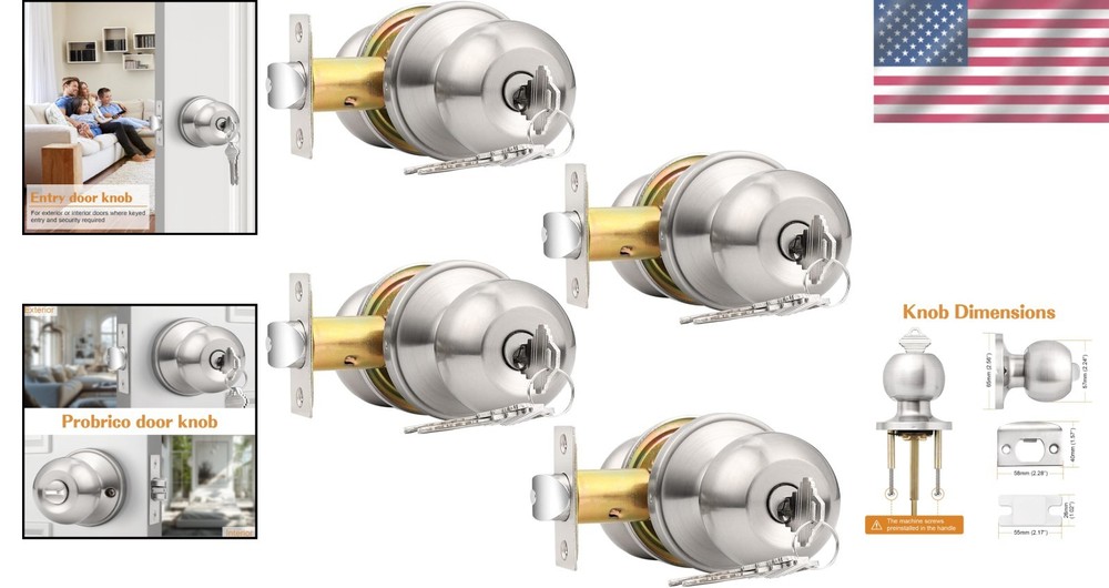 Durable Stainless Steel 4 Pack Entry Door Knobs - Universal Key Lock System