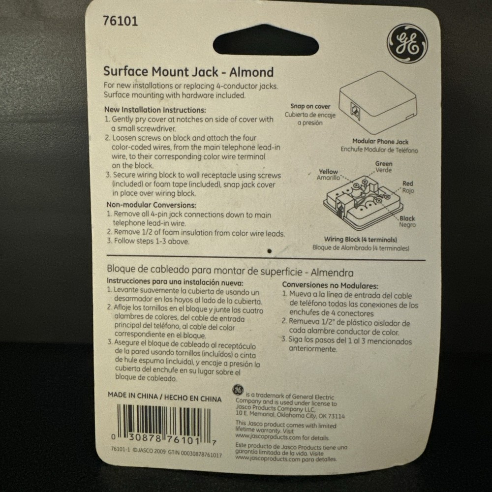 GE 76101 Surface-Mount Jack, Almond, FREE SHIPPING