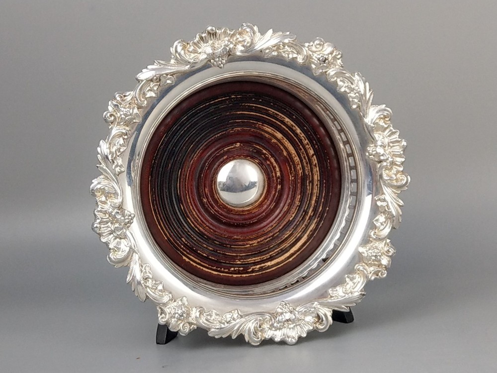 Antique Pierced Bottle Coaster Silver Plated Grape & Vine