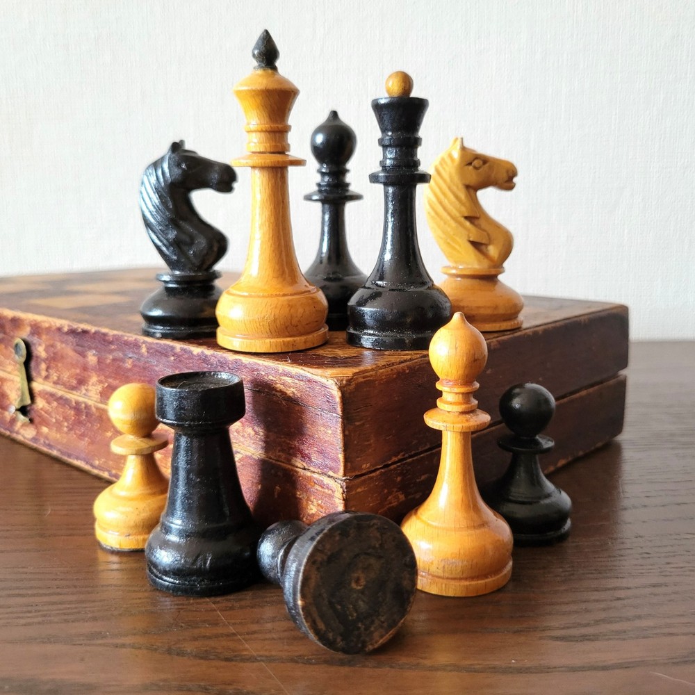Authentic Soviet chess set 50s Wooden Vintage Antique
