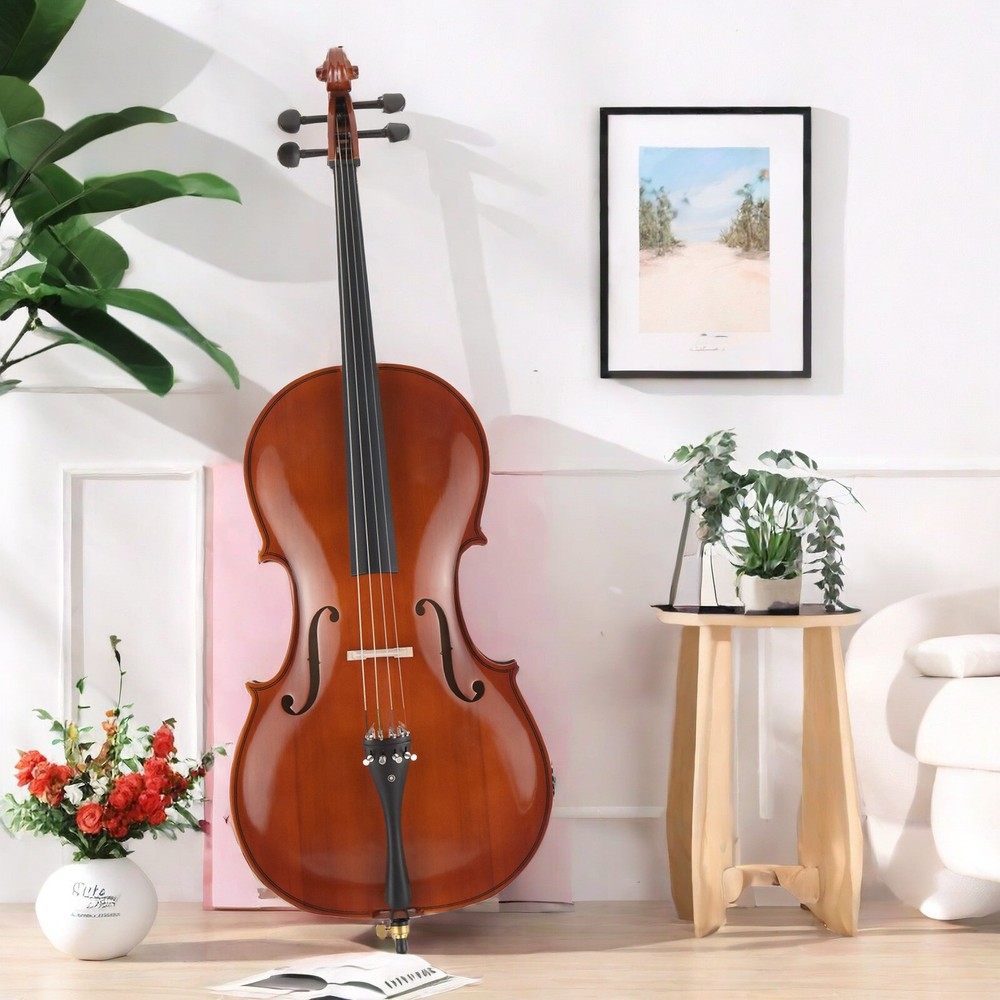 Natural Full Size 4/4 Acoustic Cello Set w/ Spruce Panel & Tiger Pattern Process