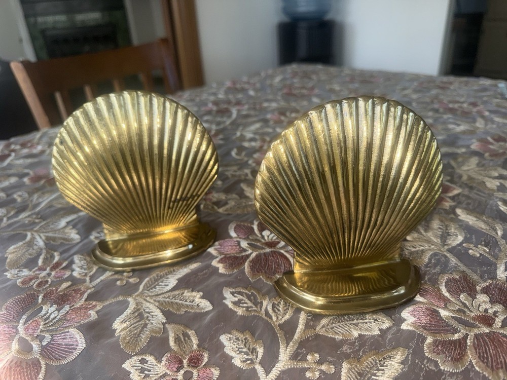 Leonard Brass Nautical Seashell Bookends Gold Metallic Carvings Shell Shape