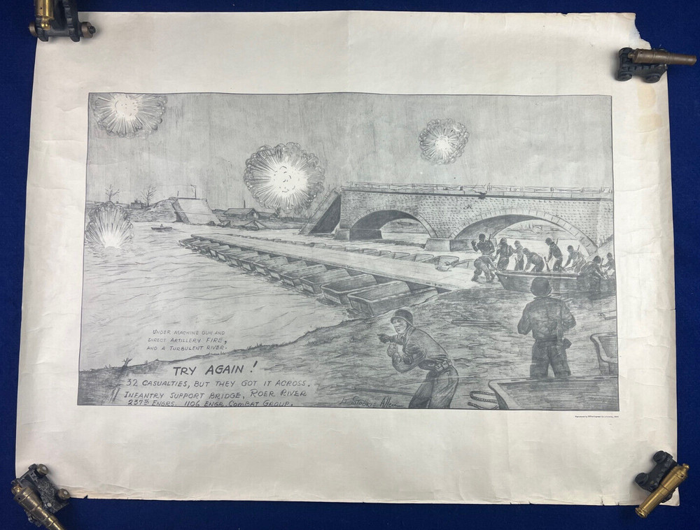 Original WWII Poster Combat Engineers Bridge Roer River Vintage 1945 Print