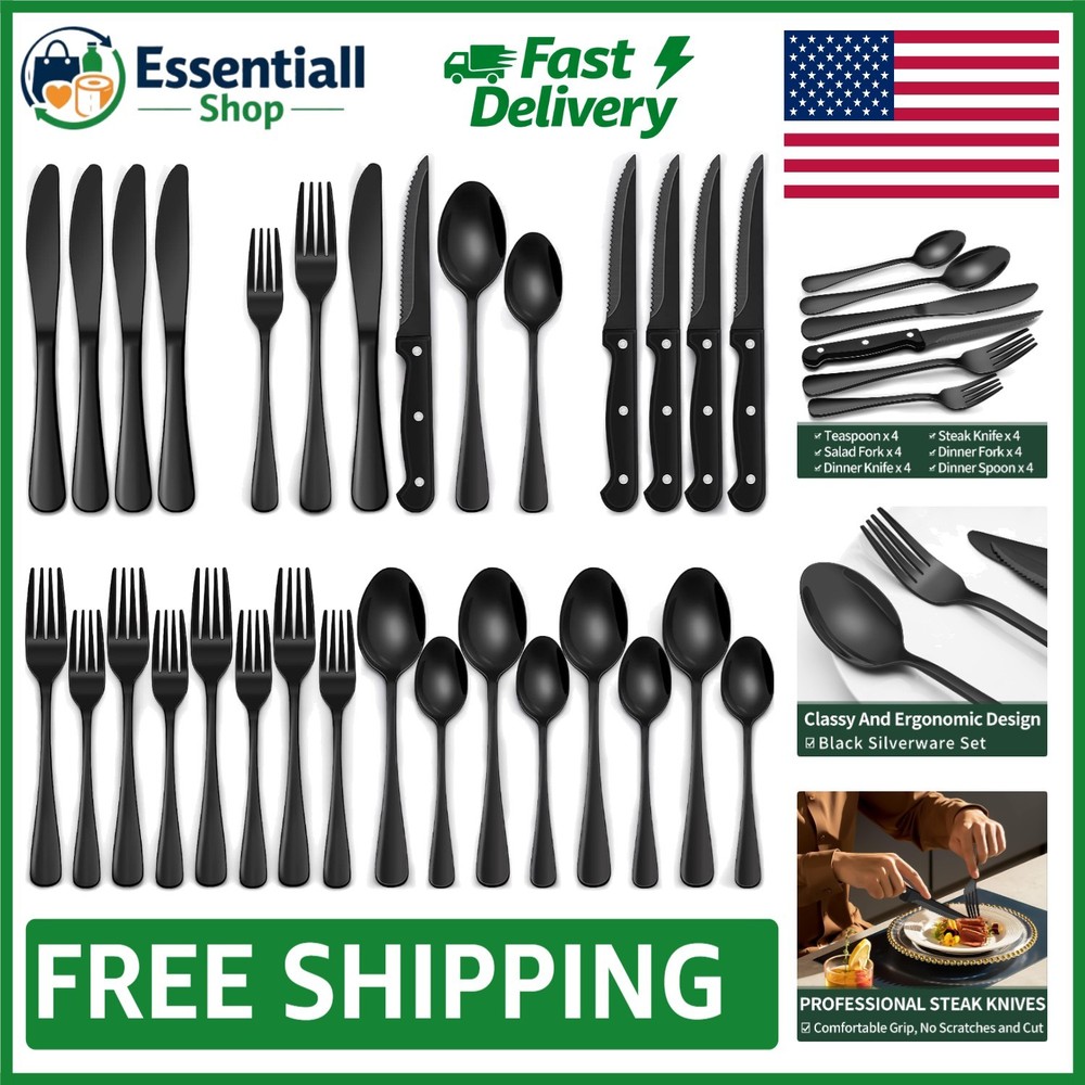 Luxurious 24-Piece Black Silverware Set for 4 -  Stainless Steel Flatware