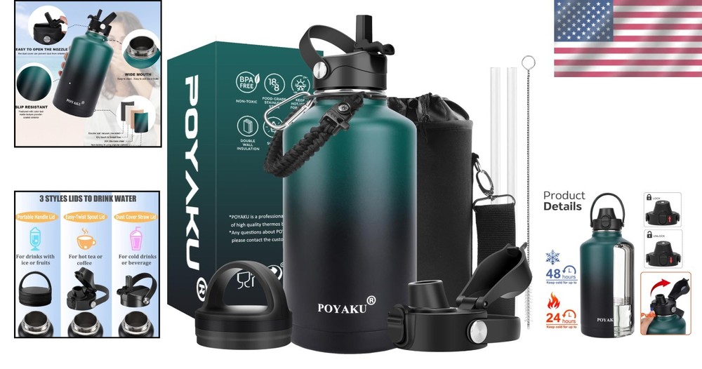 Versatile 64oz Insulated Bottle - Includes Straw, Spout & Push-Button Lid