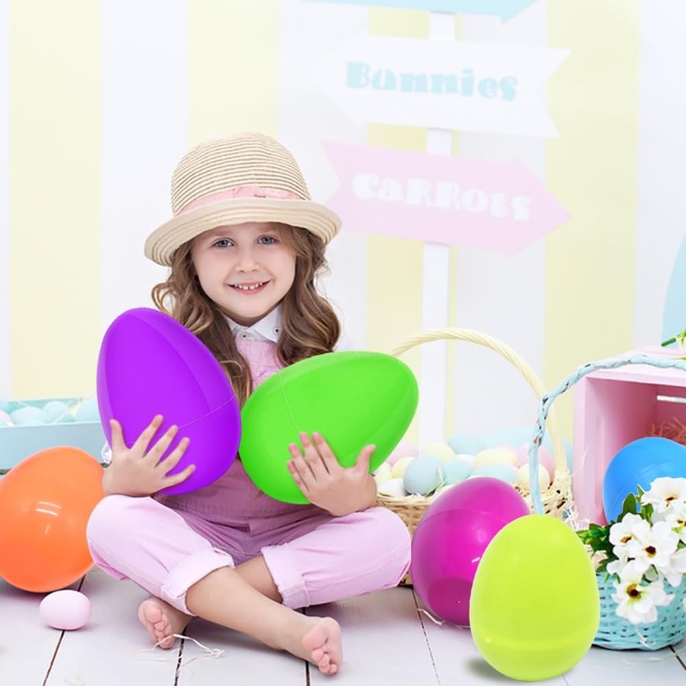 12Pcs Jumbo Plastic Bright Easter Eggs, 6’’ Fillable Assorted Solid Colors Em...