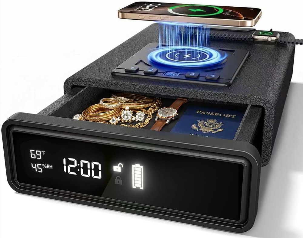 Biometric handgun safe: 3 unlocking methods, wireless charging.