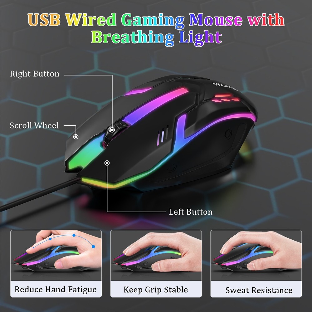 Computer Desktop Gaming Keyboard and Mouse Mechanical Feel LED Light Backlit US