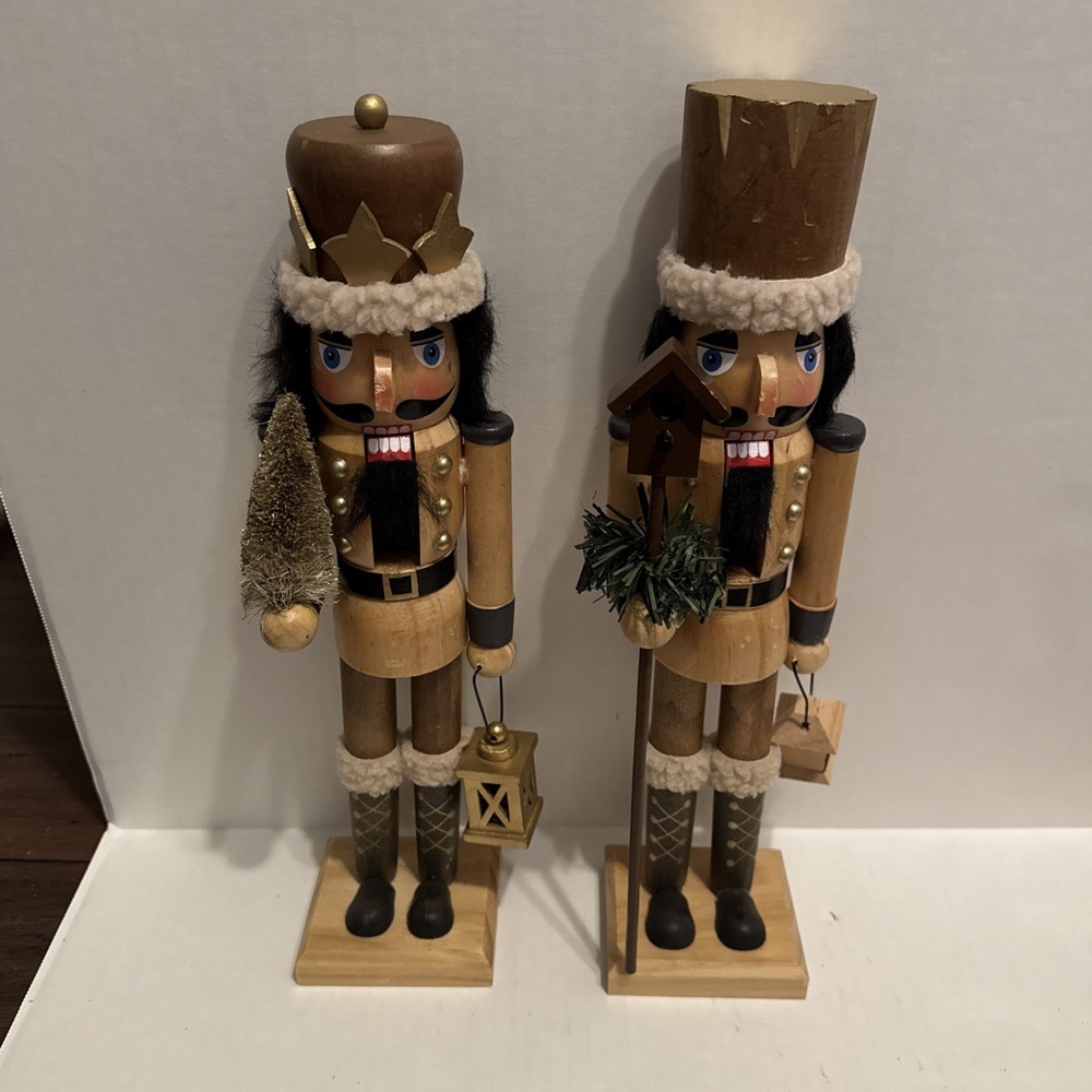 Wooden Christmas Nutcrackers, 15", With Lantern & Pine tree Set Of Two