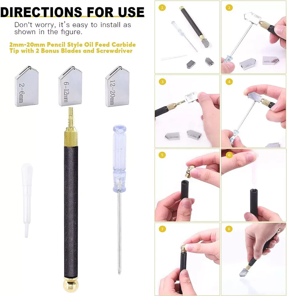 9 Pcs Glass Cutting Tool Set Kit Includes Adjustable Circular Glass Cutter