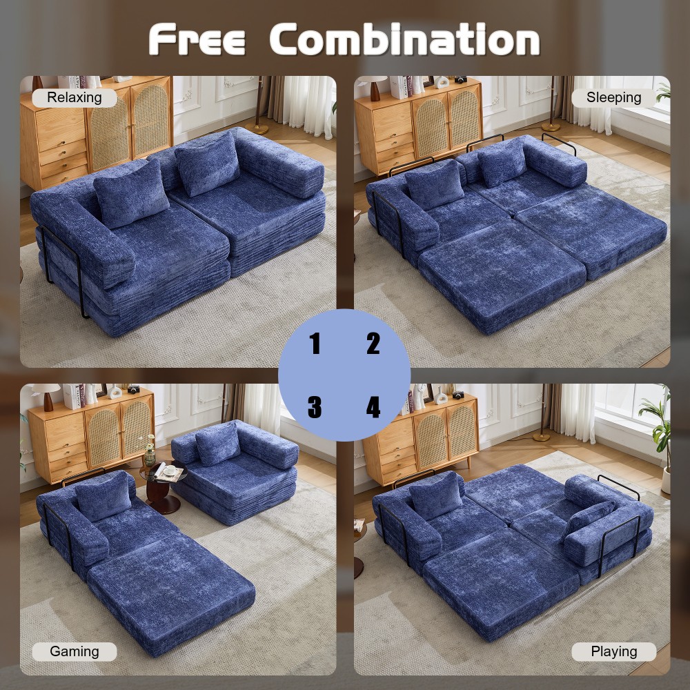 Foldable Sofa Bed with Memory Foam - Dark Blue Chenille Fabric