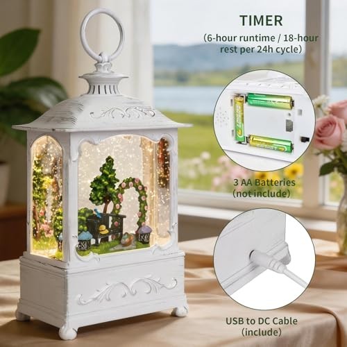 Spring Snow Globe Lantern, Light Up Glitter Water Globe, 6H Timer, USB & Battery