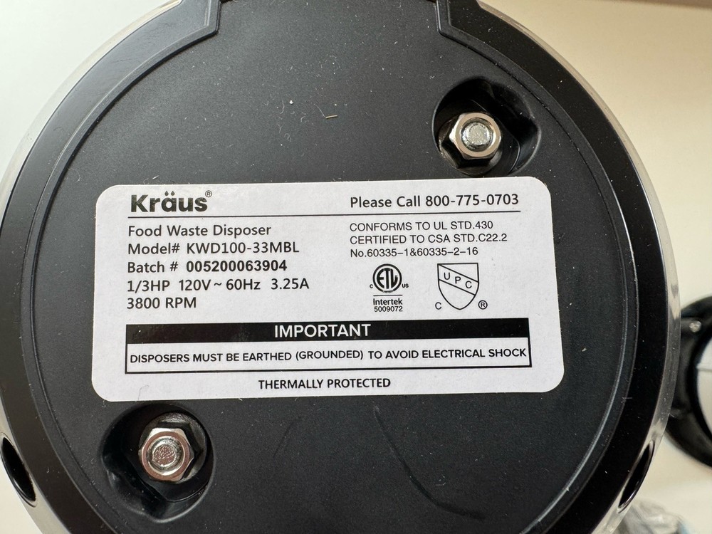 Kraus KWD100-33MBL Garbage Disposal 1/3HP Open Box Tested New
