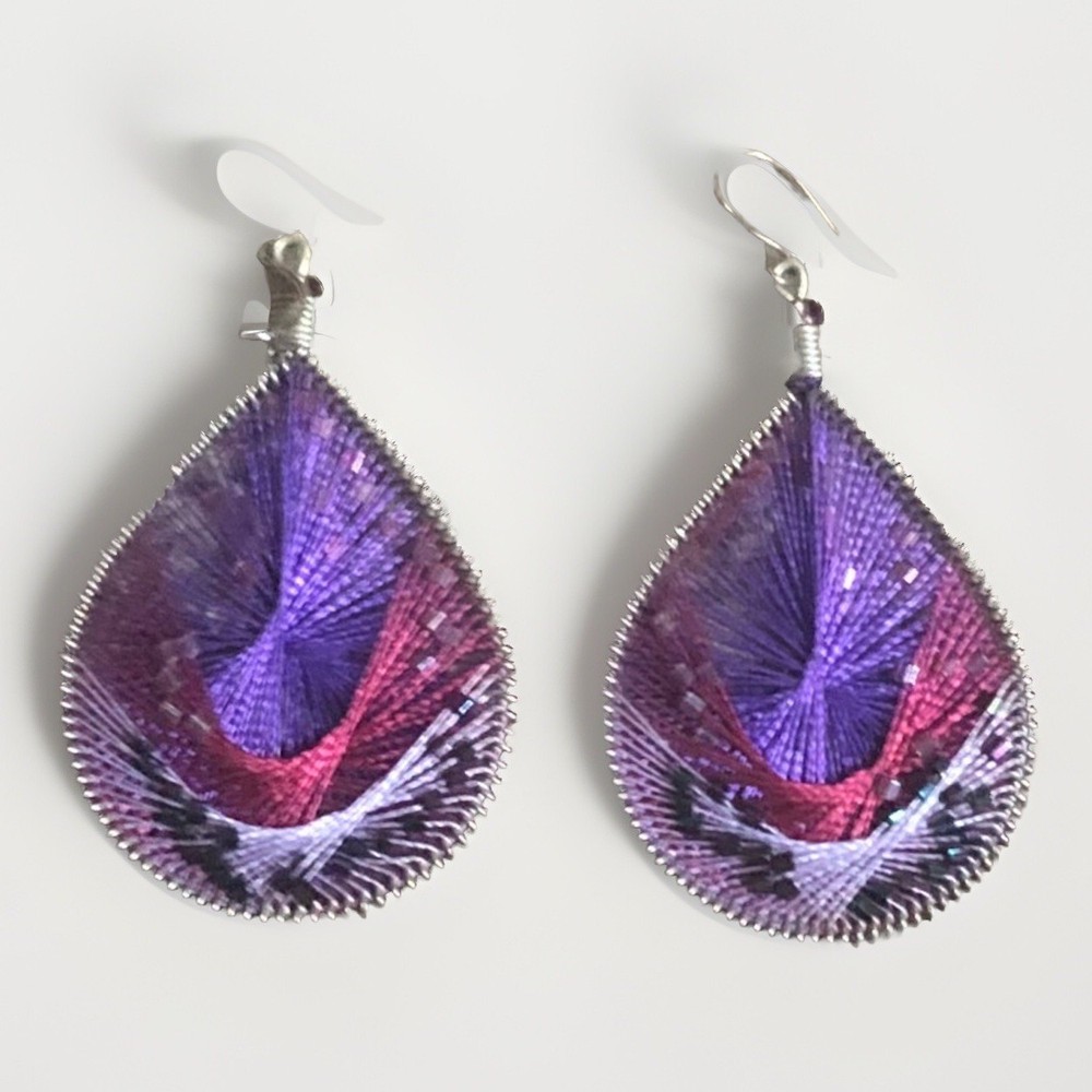 Large Silk Thread Teardrop Earring Purple Handmade Peruvian Boho