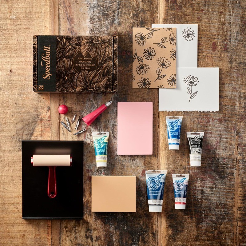 Deluxe Block Printing Kit-Includes Inks Brayer Bench Hook Lino Handle andCutters