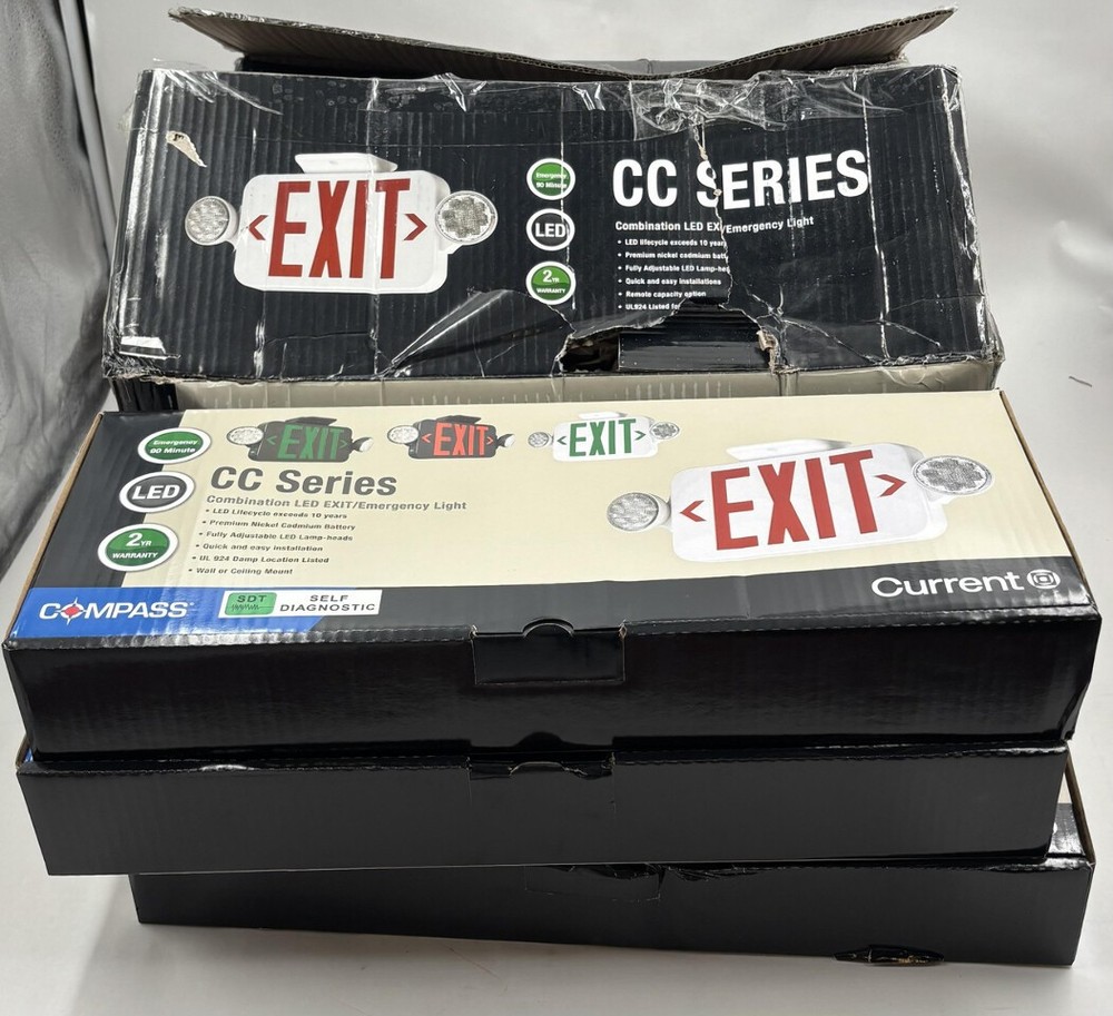 LOT OF 3 COMPASS CC SERIES CCRSD COMBINATION LED EXIT/EMERGENCY LIGHT EXIT SIGN