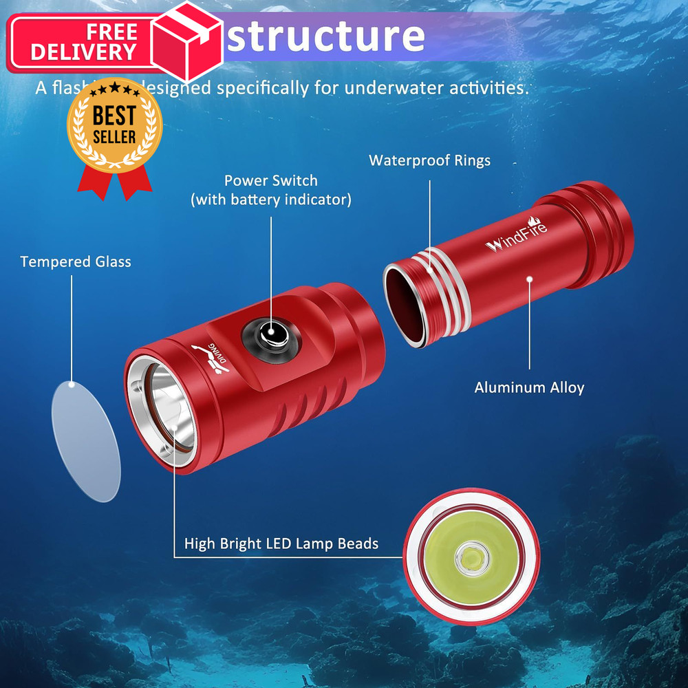 WINDFIRE TS08 Dive Light Super Bright, Scuba Flashlight Red-TS08