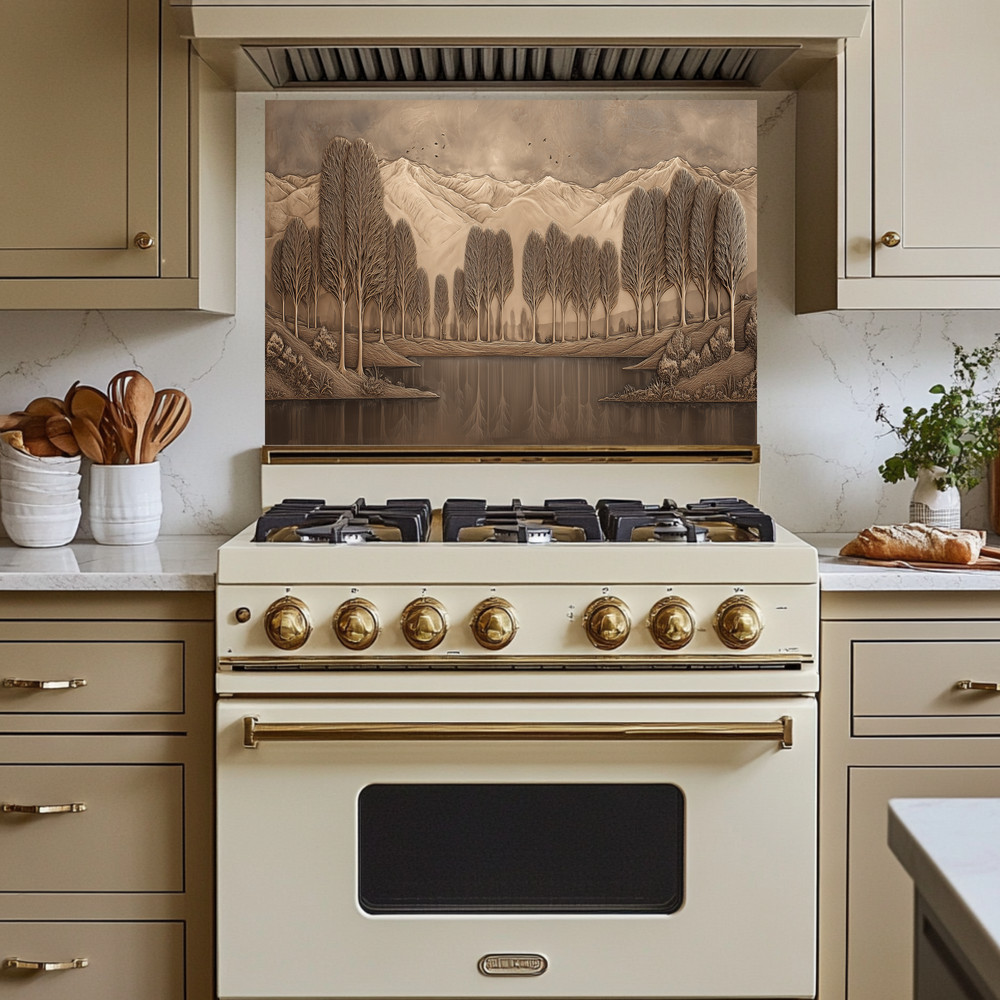 Copper Look Nature Landscape Glass Backsplash • Rustic Wall Art Panel