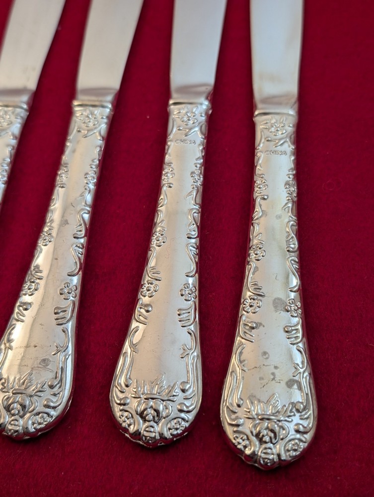 Set Of 6 Enchanted Rose Unmarked SilverPlate Solid Dinner Knives Flatware