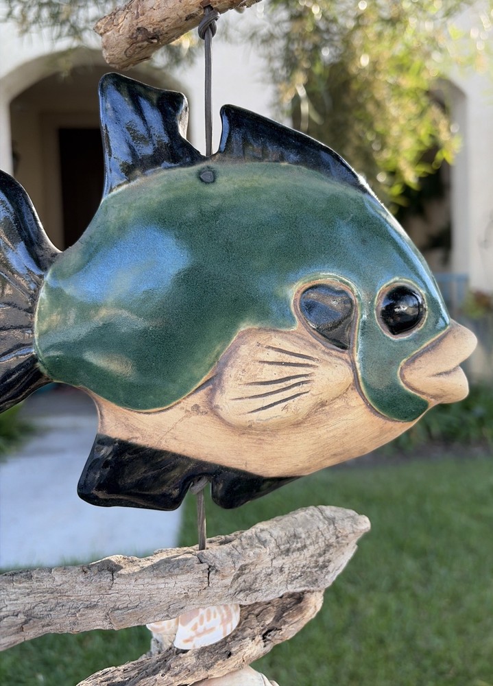 Hazel Olsen Attributed Driftwood Fish Pottery Shells Wind Chime Wall Hanging
