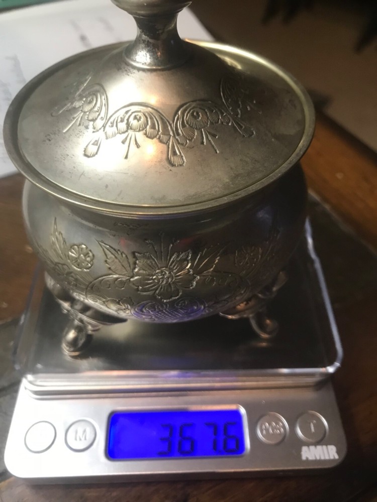 antique German silver sugar bowl with lid