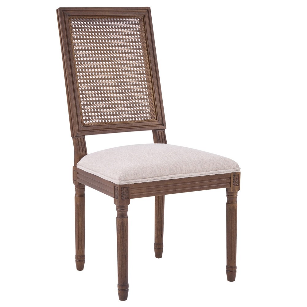 Set of 2 Rustic Upholstered Dining Chairs with Rattan Back & Solid Wood Frame