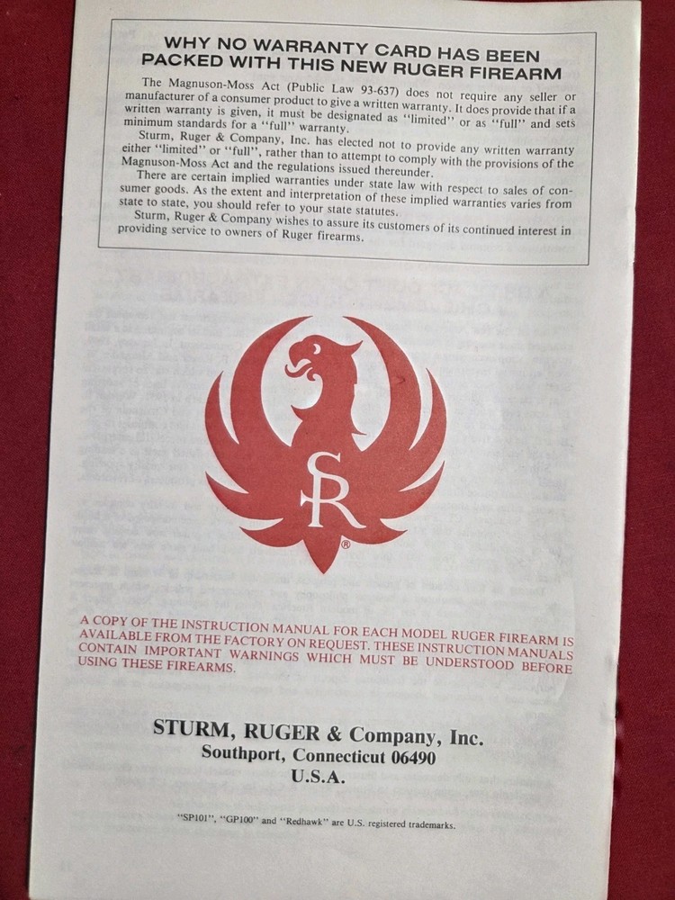 Ruger SP 101 Manual/Instructions. 19 Page's.